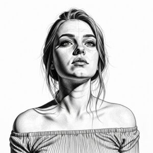 Beautiful Graphite Portrait Style with Soft Upward Gaze and Fine Pencil Detail High Detail Lines